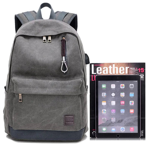 Canvas backpack with USB charging port shown in khaki colour