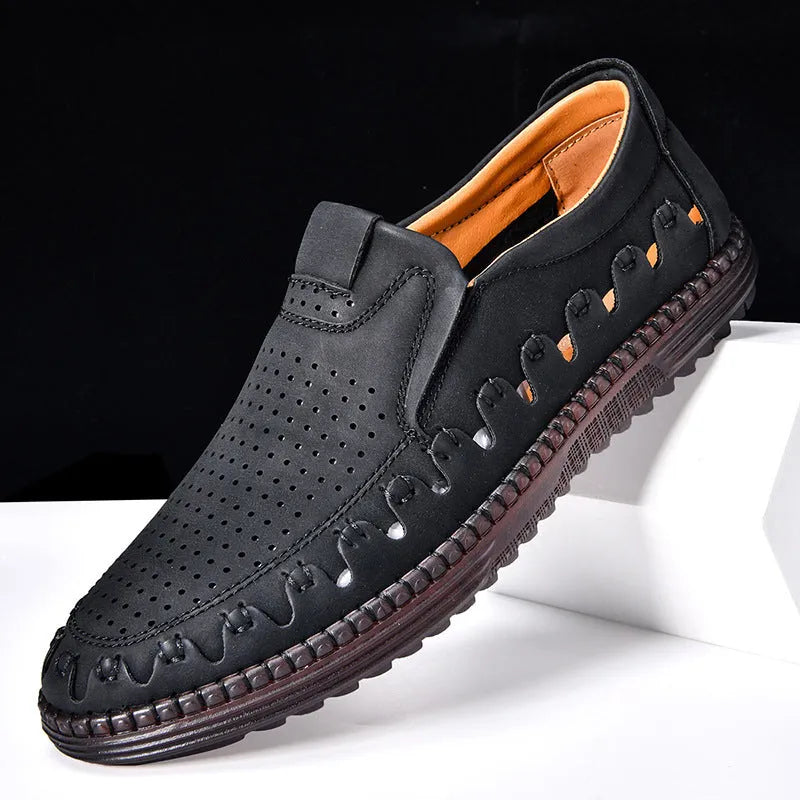 Men's brown slip-on casual shoes with round toe cap and hollowed-out sewing line detailing
