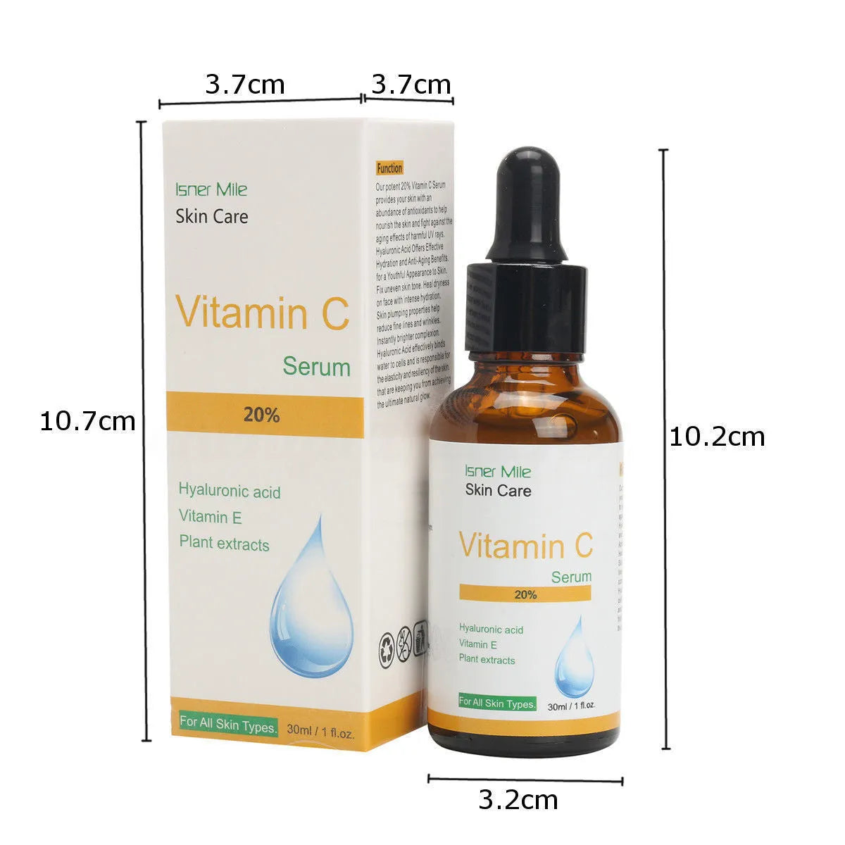 30ml glass bottle of undiluted Vitamin C facial serum essence for skin brightening.