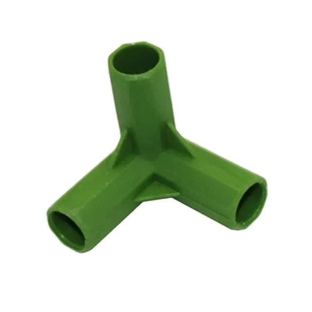PP plastic three-way and four-way plant support connector joints for 11mm garden poles.