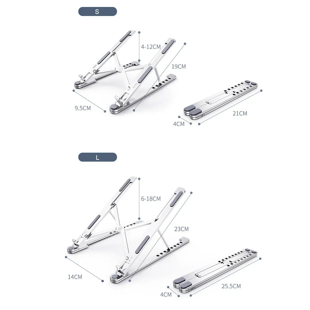Foldable aluminium laptop stand in silver, shown open in use and closed for storage.