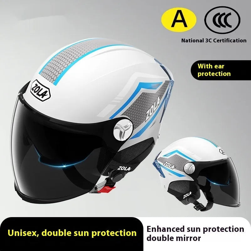 3C certified motorcycle half helmet with battery sun visor in light brown double mirror finish