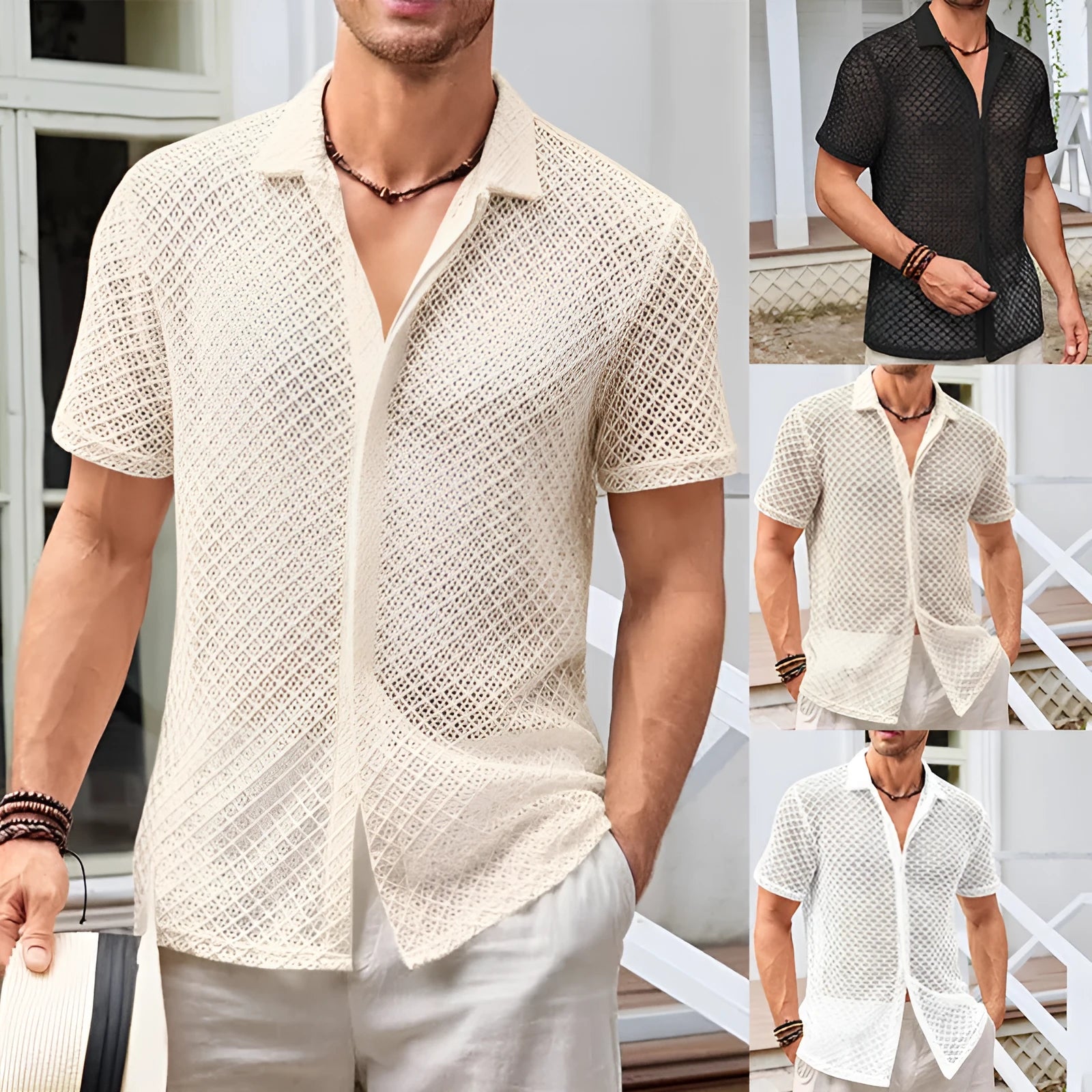 Men's solid colour short sleeve shirt with a lapel collar, shown in milky white.