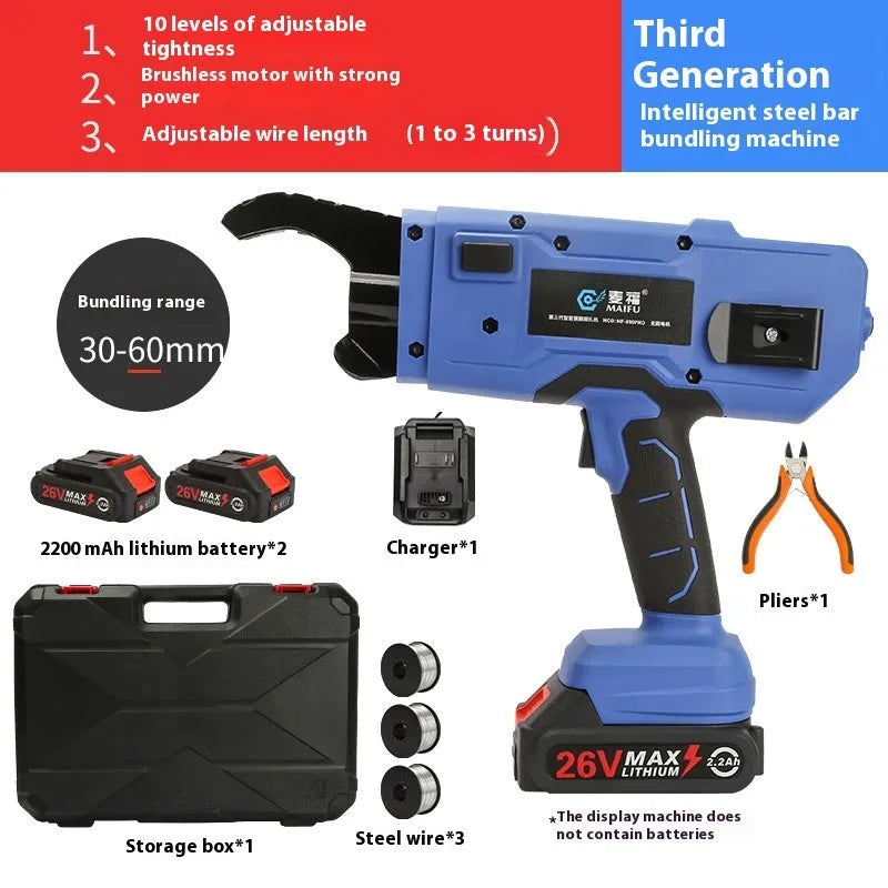 Fully automatic electric steel bar tying machine with battery on a construction site.