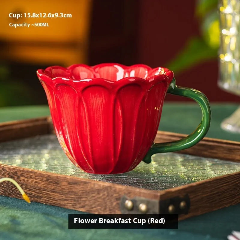 500ml pastoral pattern ceramic breakfast cup in red and purple colour options