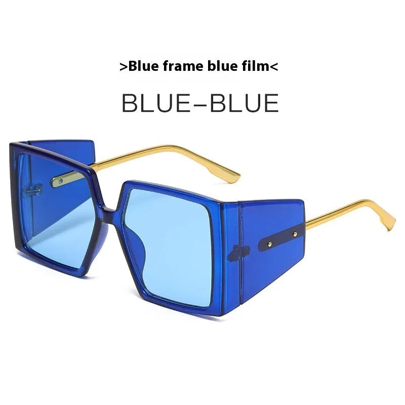 Large square frame sunglasses showing available colour options including black, blue, and orange frames.