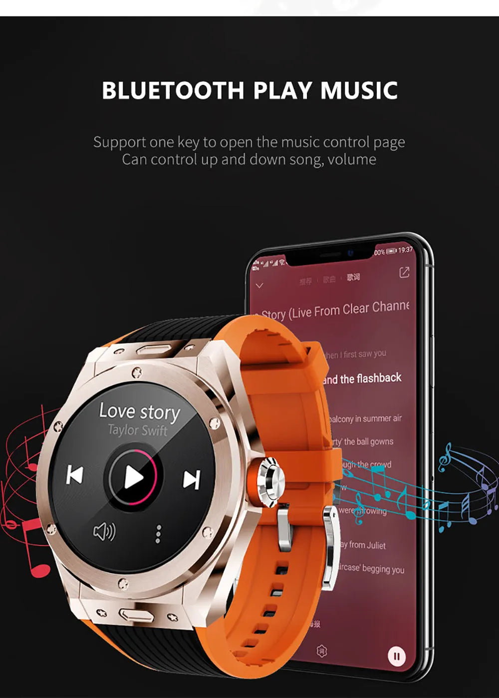 Black mv58 sports smart watch with Bluetooth calling on a silicone strap, showing health stats on its screen.
