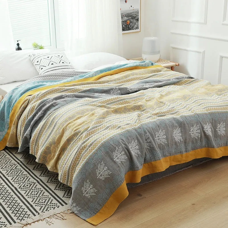 Pure cotton five-layer gauze bed sheet blanket in roulette wheel blue, showing modern simplicity pattern.