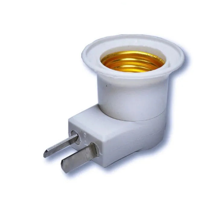 White bakelite wall plug-in E27 lamp holder with switch, showing AU, EU and US plug adapters.