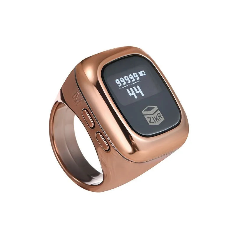 Al-Fatiha electronic zikr counter with digital display on a wristband, shown in rose gold colour.