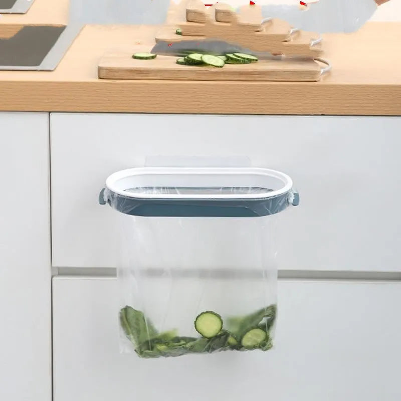 Blue plastic kitchen garbage bag storage rack on cabinet shelf