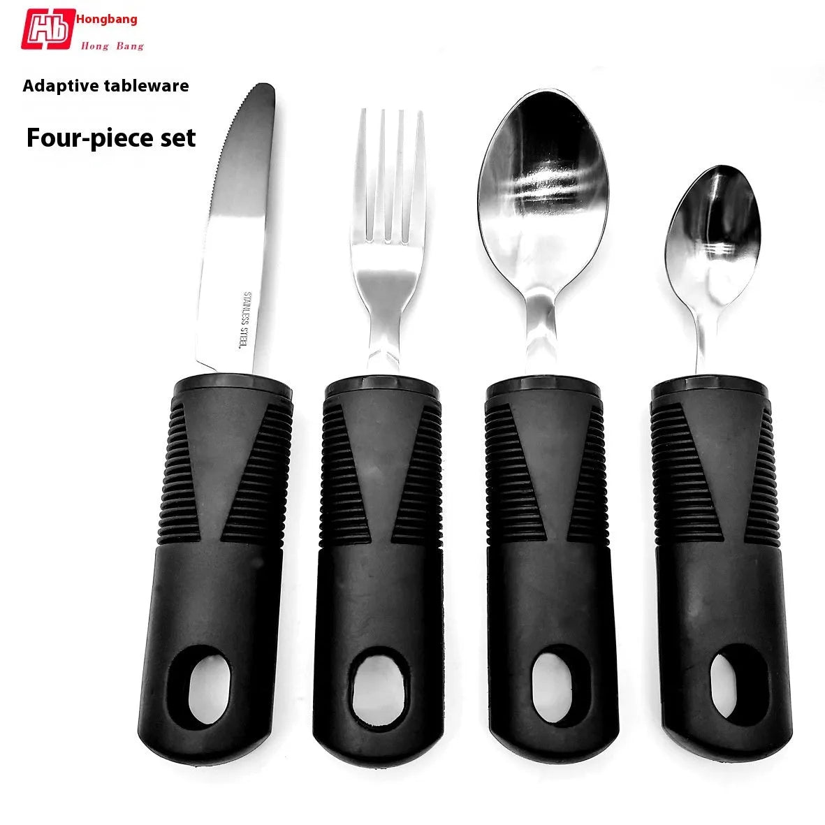 Stainless steel adaptive spoon with black rubber anti-shake handle for elderly food aid.