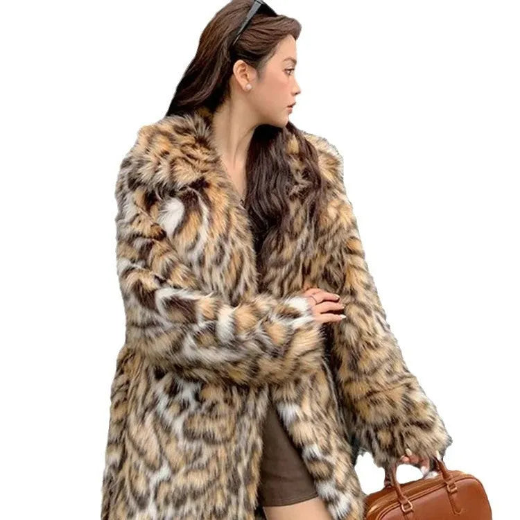 Women's faux fur coat with real fur collar in street fashion style