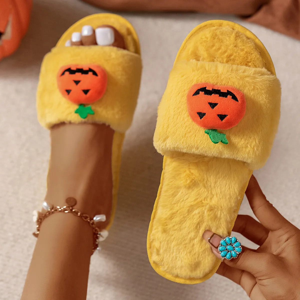 Pumpkin cartoon plush open toe slippers in white and yellow colours with synthetic fur upper