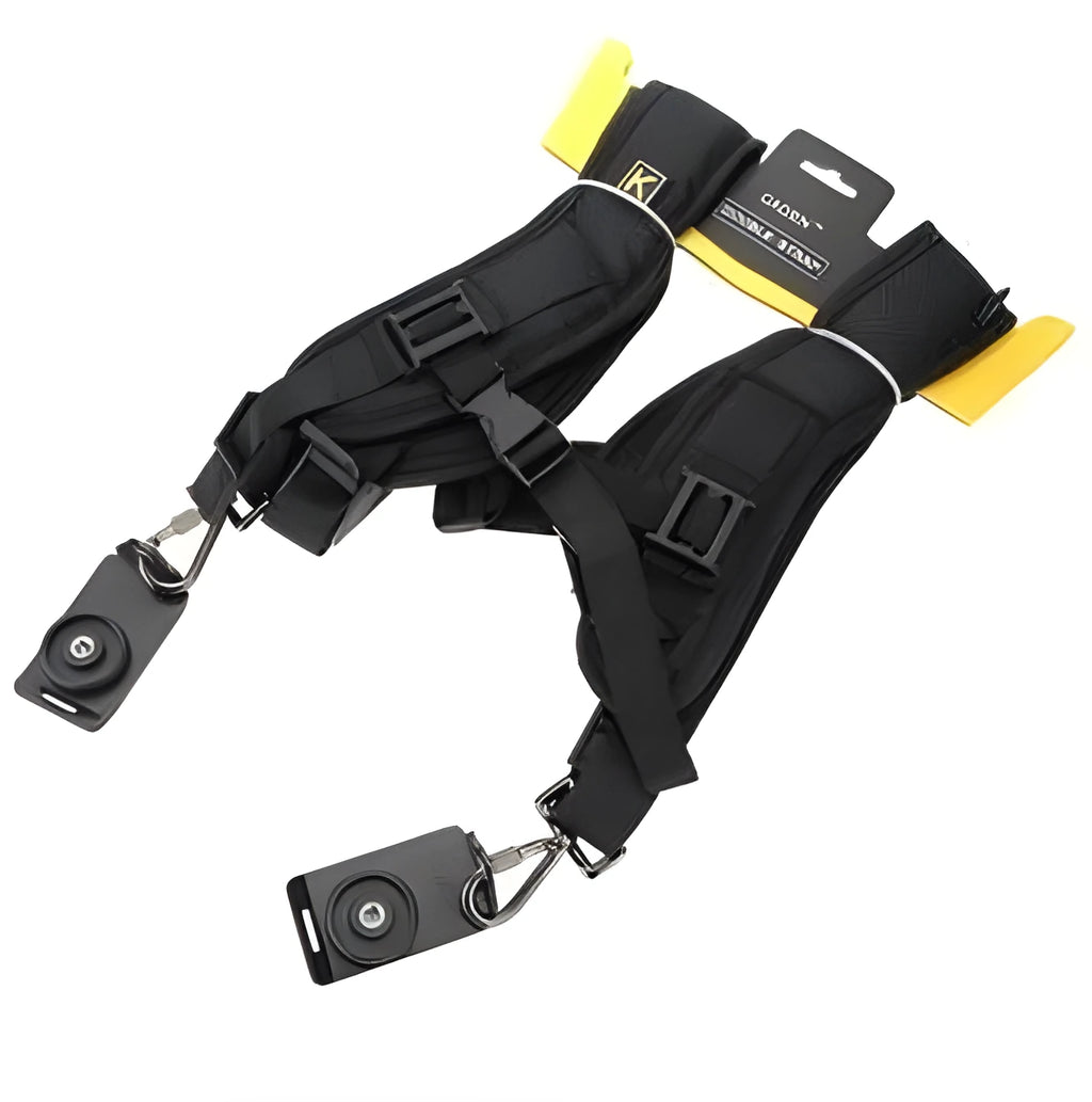Black dual shoulder strap for carrying two professional SLR cameras simultaneously.