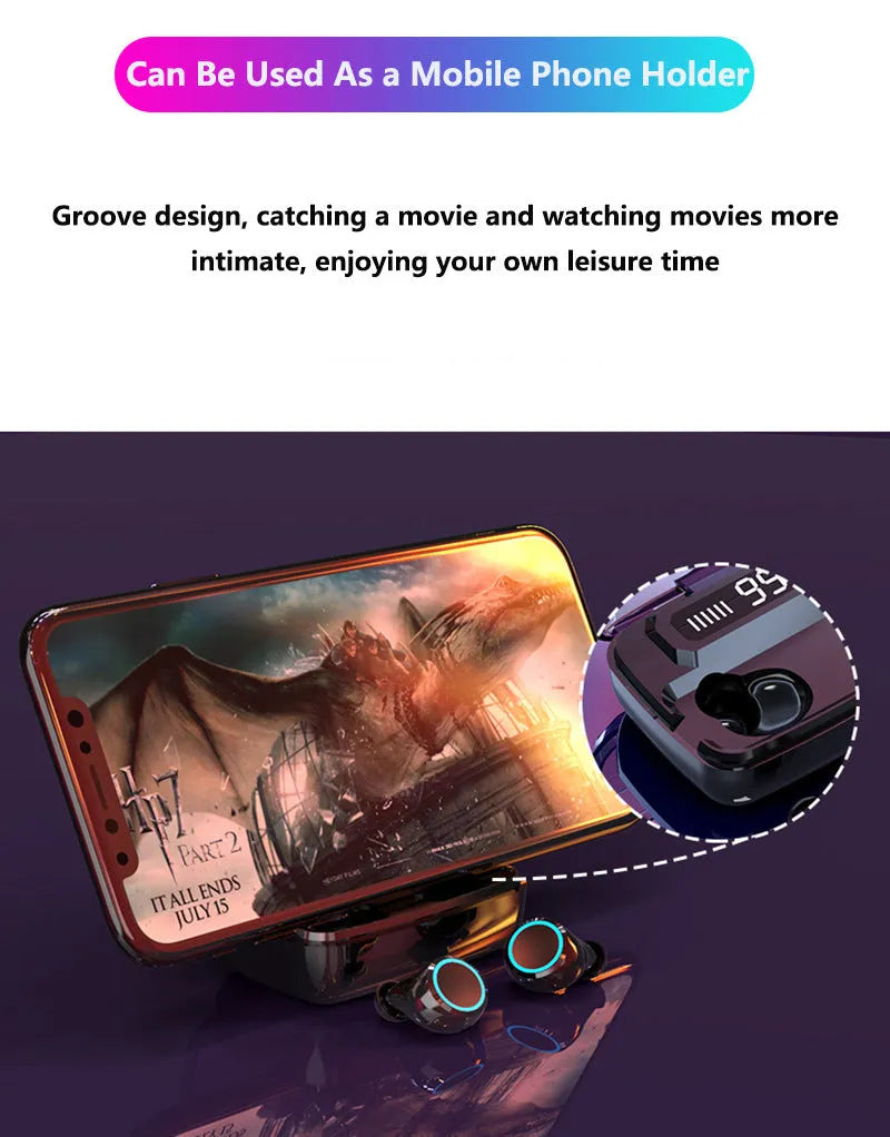 Black M11 wireless Bluetooth in-ear headphones with a digital display charging case.