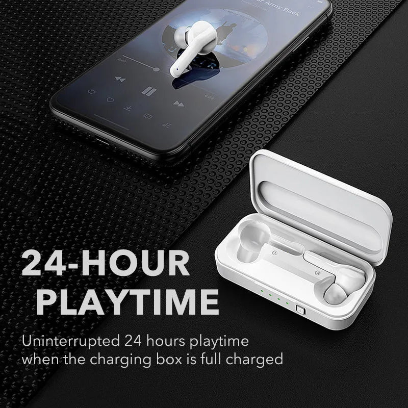 Black and white true wireless Bluetooth 5.0 earbuds with IPX5 waterproof rating.