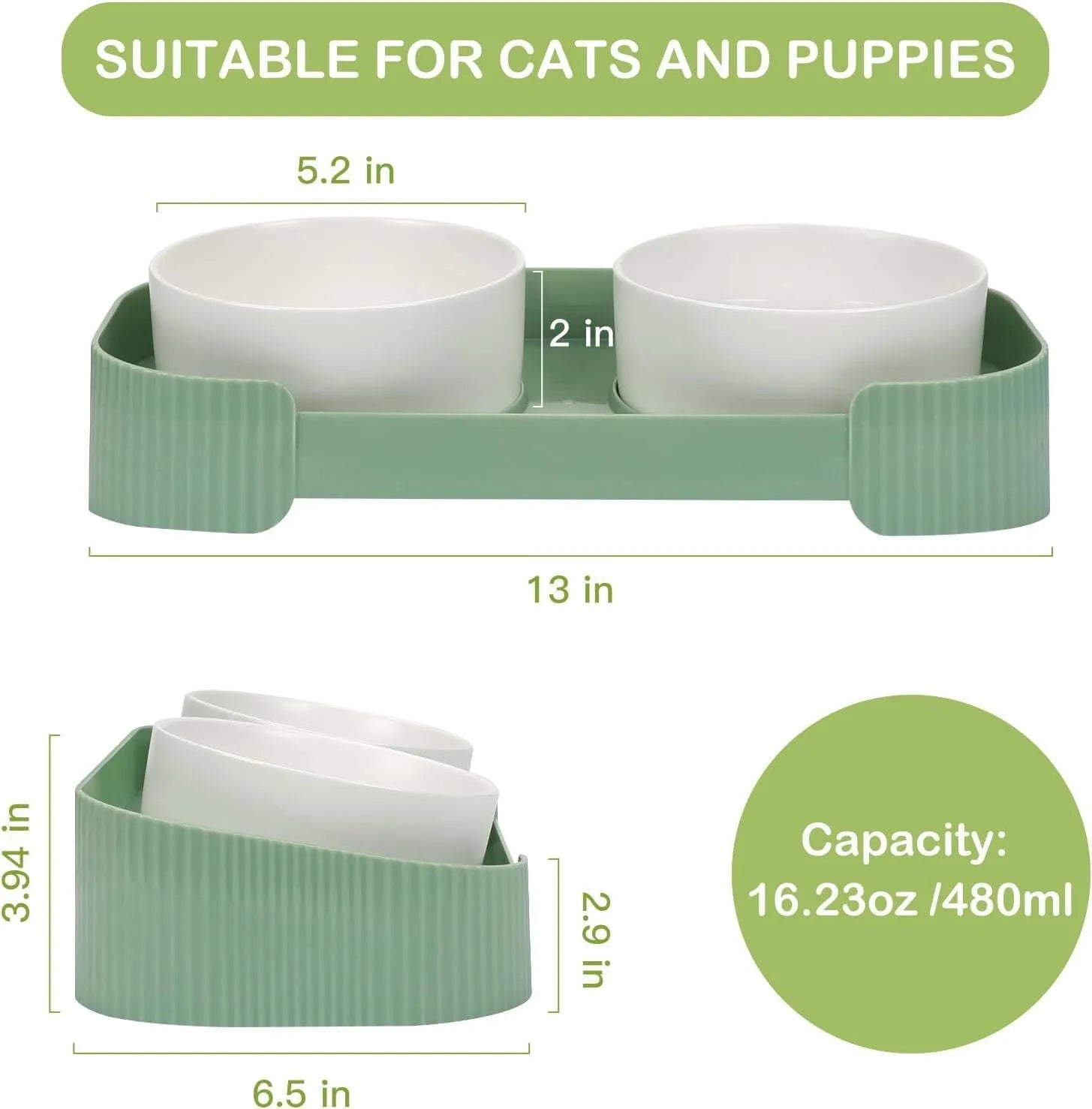 Green ceramic elevated cat bowls with 15-degree tilted stand and non-slip base