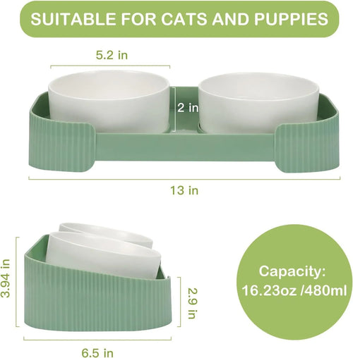 Green ceramic elevated cat bowls with 15-degree tilted stand and non-slip base
