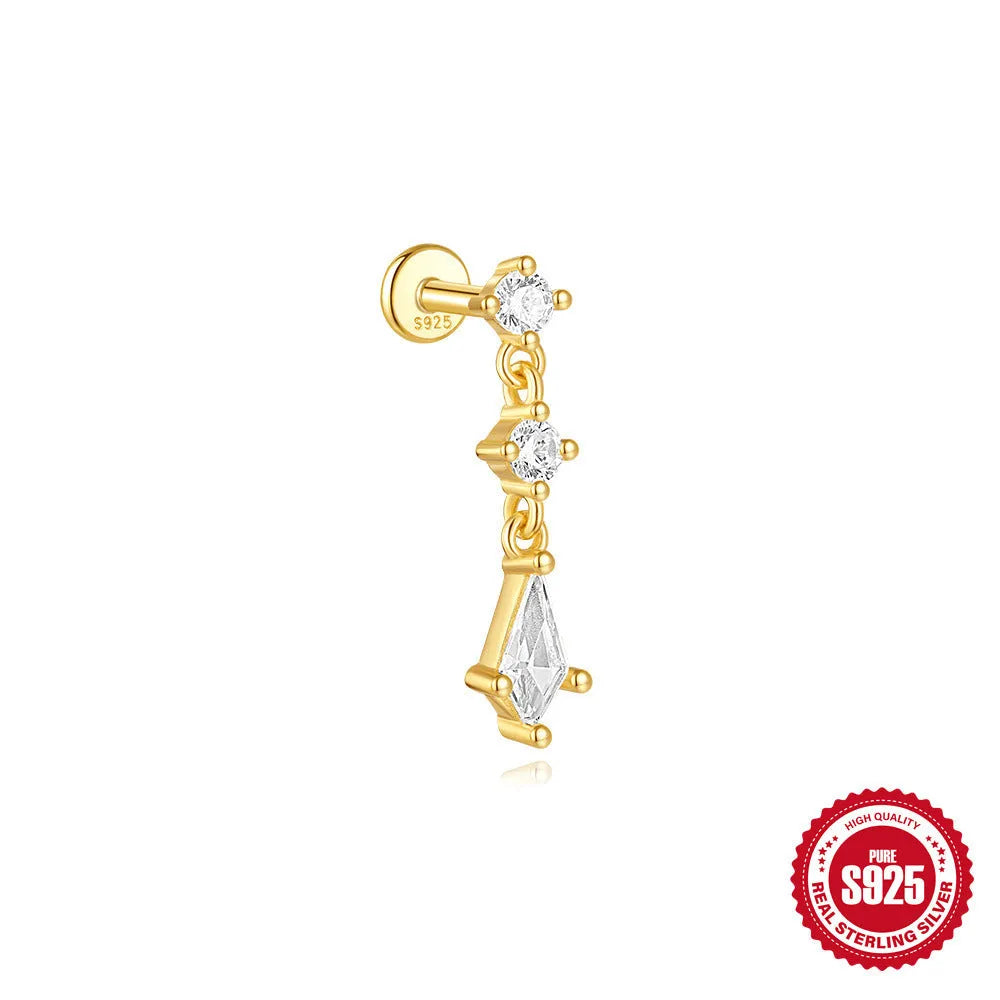 S925 sterling silver geometric kite-shaped earring with rhinestone chain tassel in a gold colour finish.