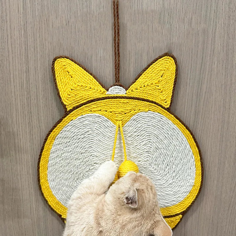 Yellow cat scratching pad with Corgi dog butt design, made from natural sisal with an anti-slip base.