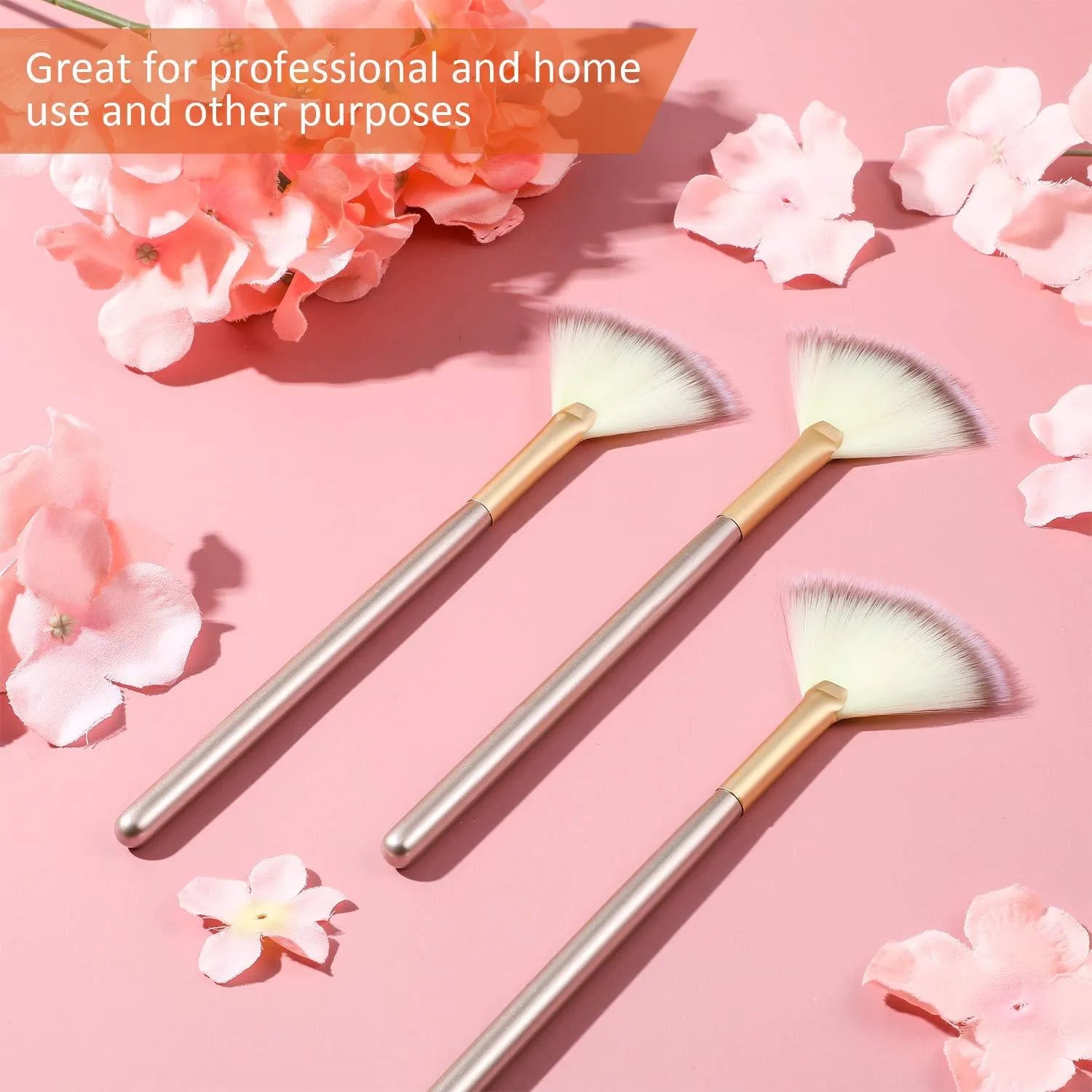 Set of 10 professional fan makeup brushes with champagne handles and protective covers.