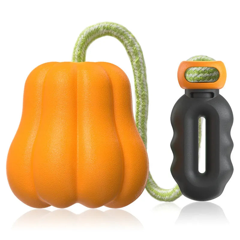 Orange pumpkin-shaped plastic dog toy with textured surface and rope attachment for chewing and fetch games