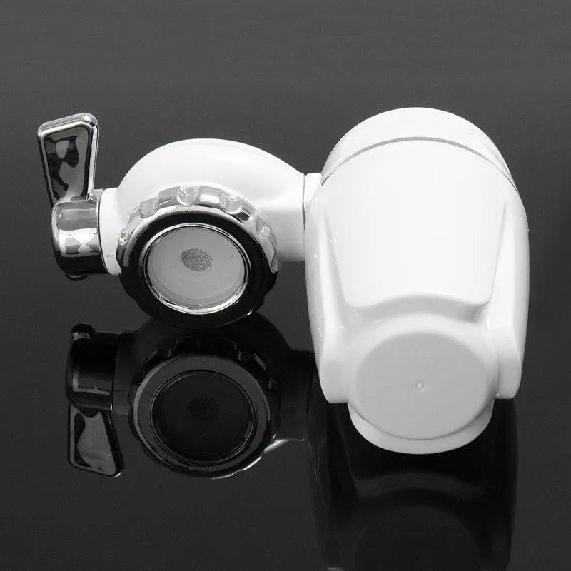 White plastic faucet-mounted water filter with ceramic cartridge and tap adapters