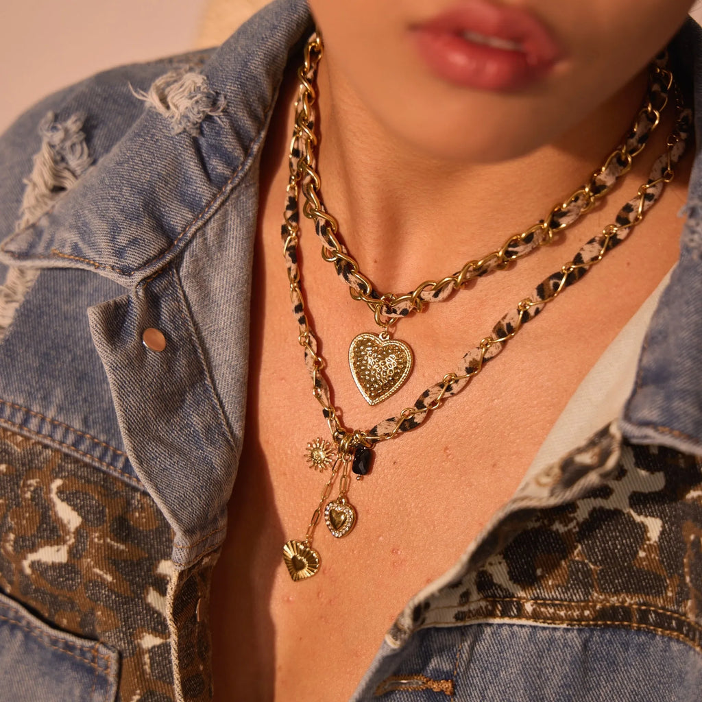 Geometric leopard love pendant on stainless steel chain with 18K electroplated finish
