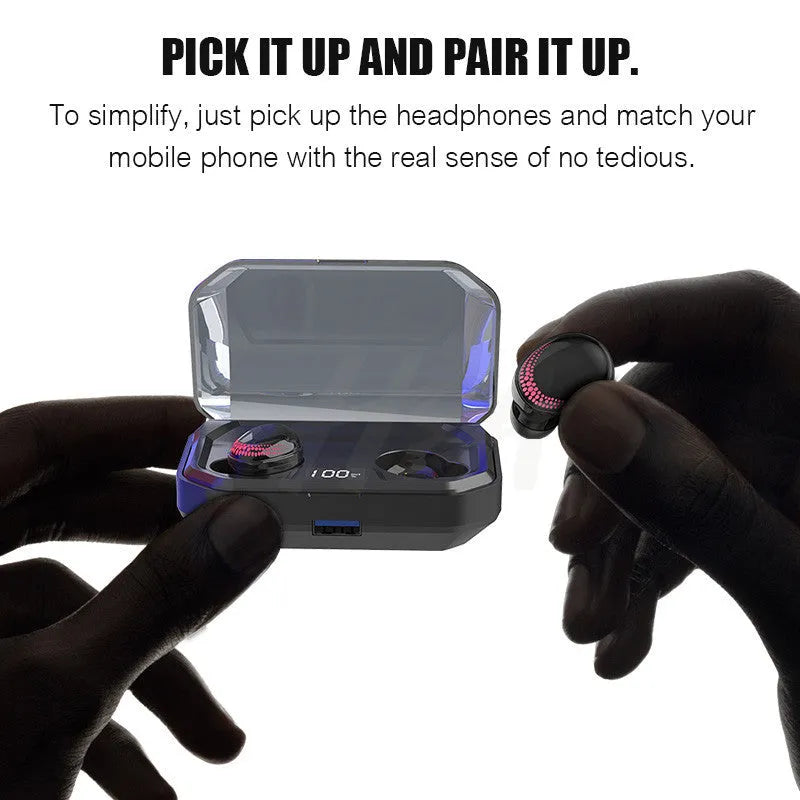 Black Bluetooth wireless headset with charging case showing compact design