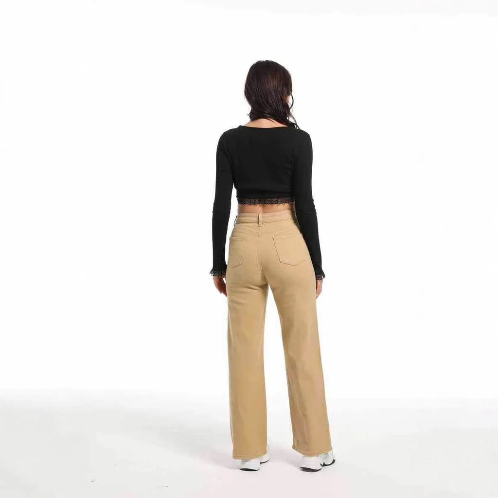 Women's high-waist straight-leg cotton jeans in apricot and khaki colours on a hanger.