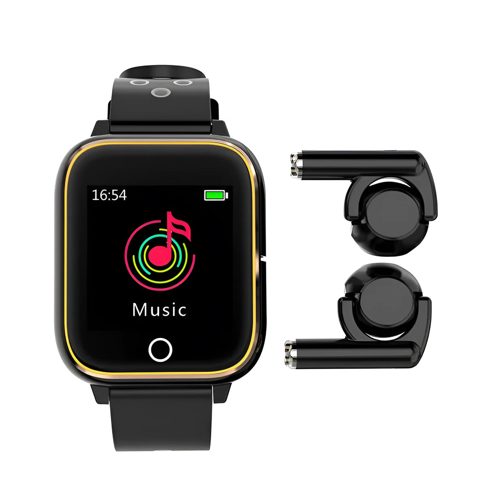 Black smartwatch with integrated Bluetooth earbuds showing heart rate monitoring on 1.4-inch screen
