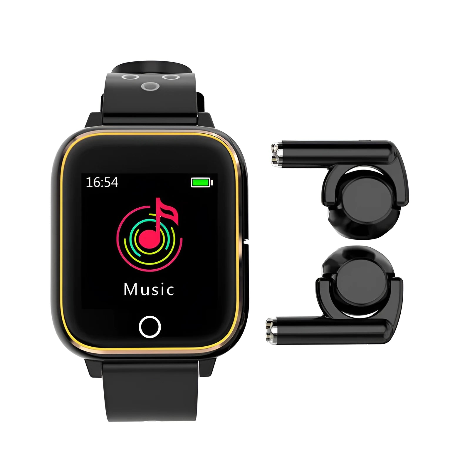 Black smartwatch with integrated Bluetooth earbuds showing heart rate monitoring on 1.4-inch screen