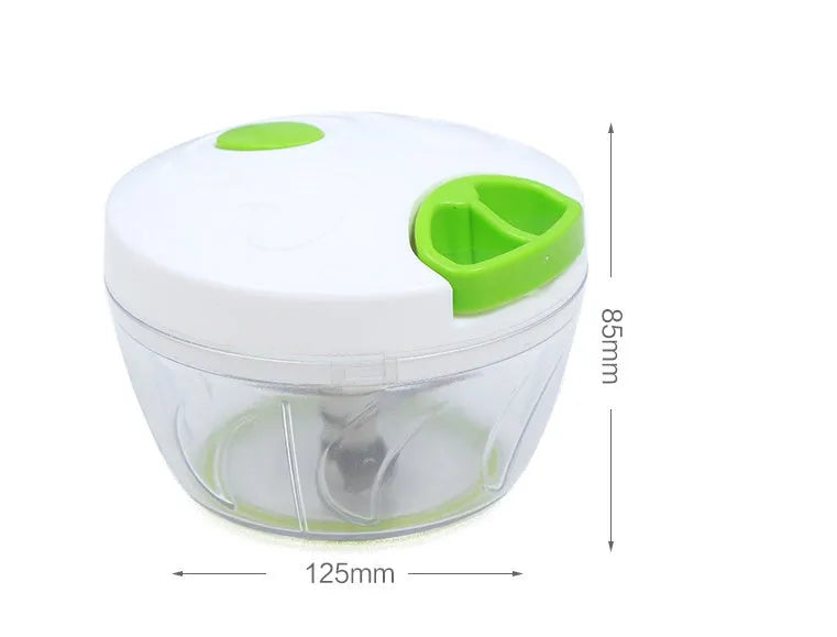 Green manual kitchen chopper with three blades and a 500ml transparent container.