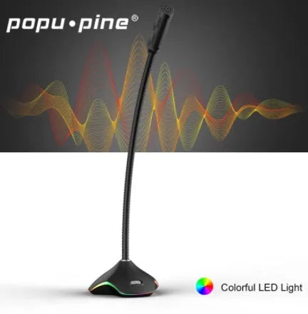 Black wired desktop microphone on a stand with a foam windscreen, showing 3.5mm connector.