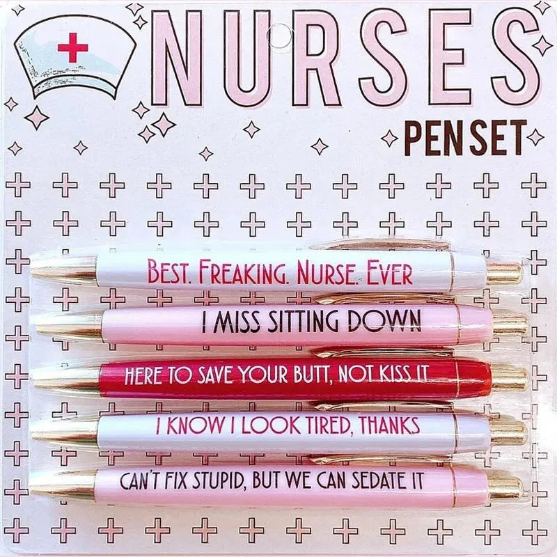 Set of five retractable ballpoint pens with funny nurse-themed graphics and copywriting.