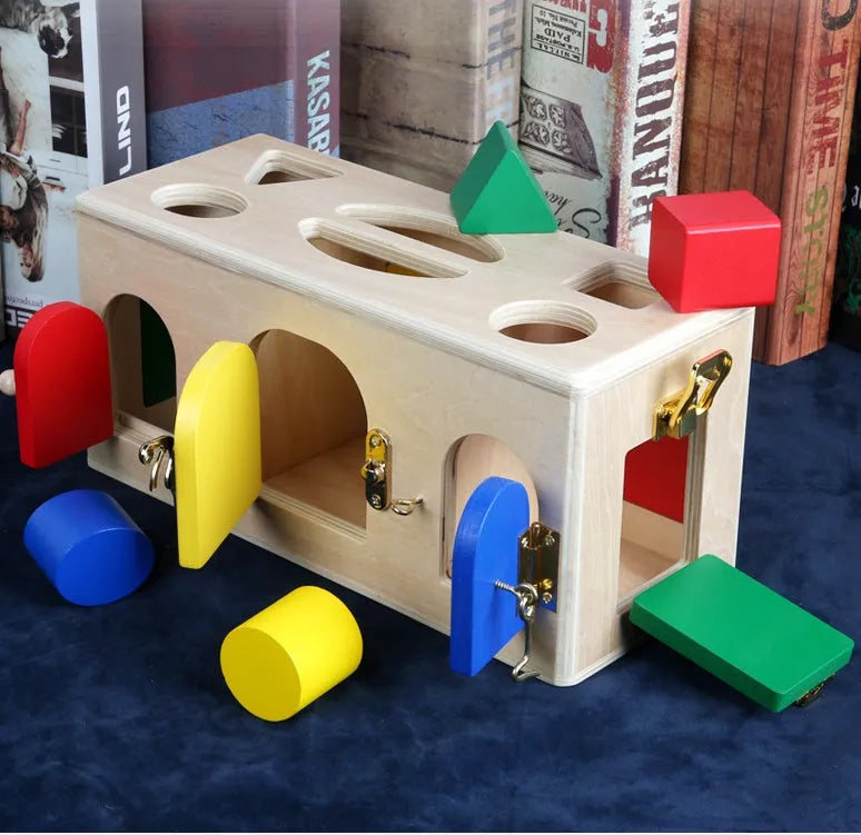 Wooden preschool shape lock box educational toy with 12 pieces