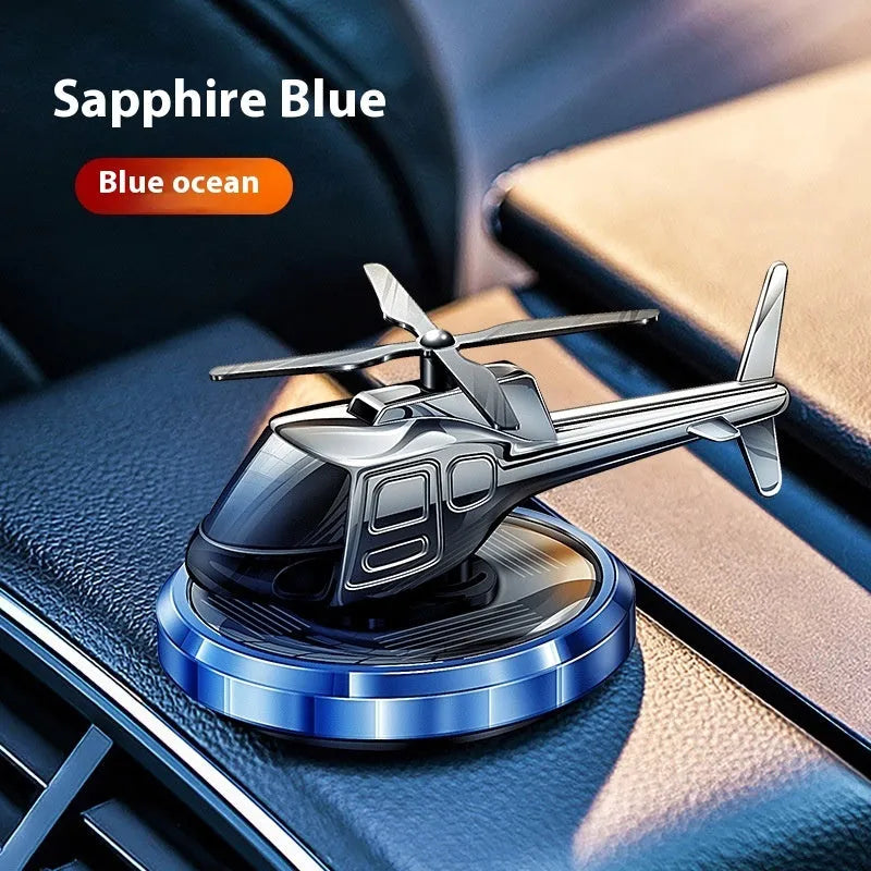 Metal solar helicopter car perfume rotating on dashboard in silver black or blue