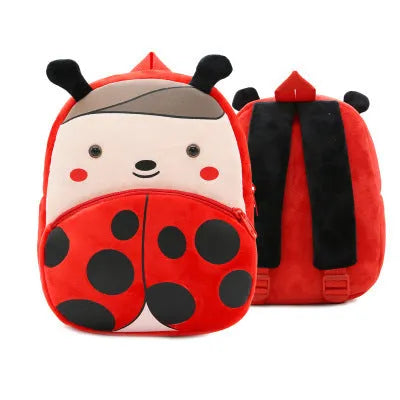 Soft plush children's backpack in cartoon animal design, shown with zipper open, dimensions 26cm by 24cm.