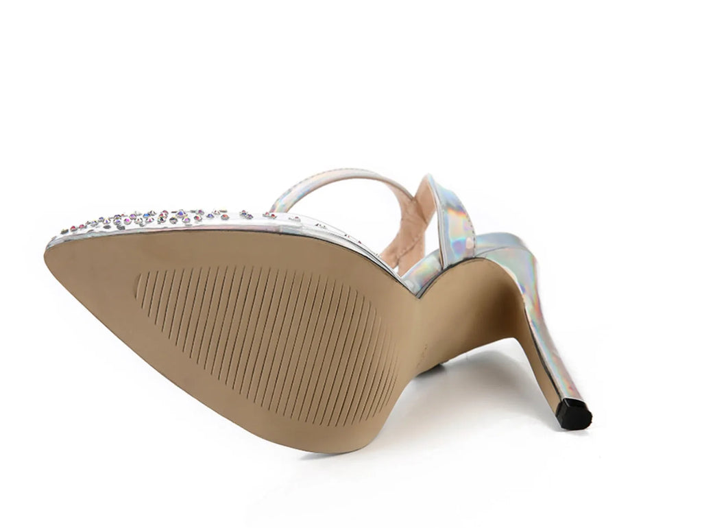 Women's pointed toe sandals with diamond detailing and stiletto heels