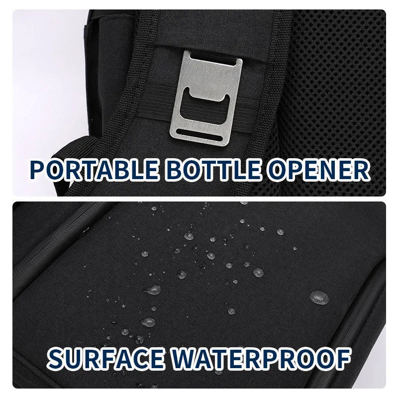 Blue double-layer insulated picnic backpack with shoulder straps and large main compartment.