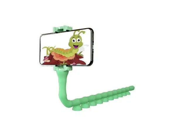 Flexible rubber phone holder with suction cup mounted on desktop showing 360-degree rotation