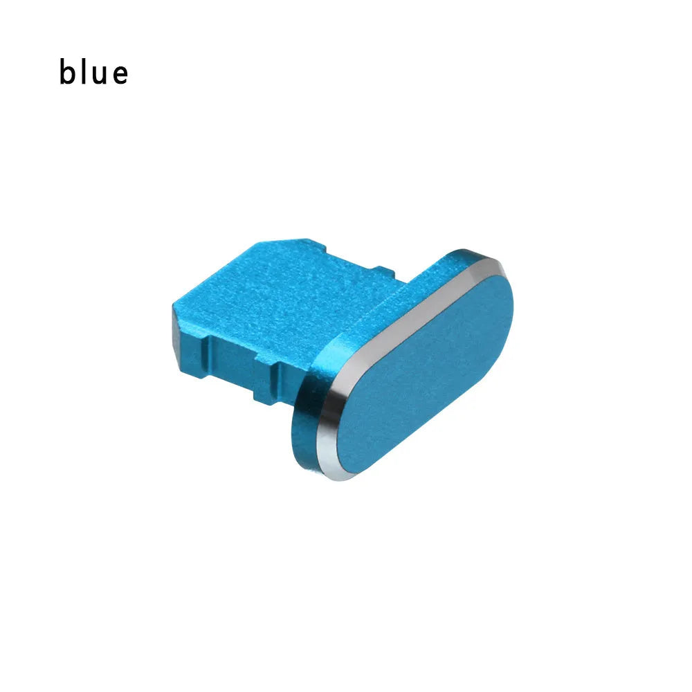 Aluminium alloy charging port dust plug for iPhone in various colours including gold, silver, blue, and rose gold.