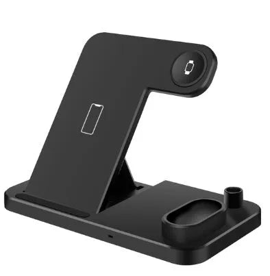 Black 4-in-1 wireless charging station showing phone, Apple Watch, AirPods, and Apple Pencil charging simultaneously.