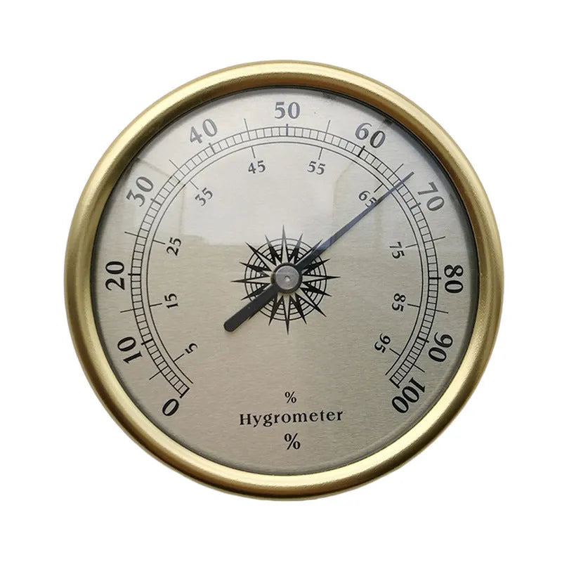 Circular aluminium analogue thermometer and hygrometer showing temperature and humidity dials