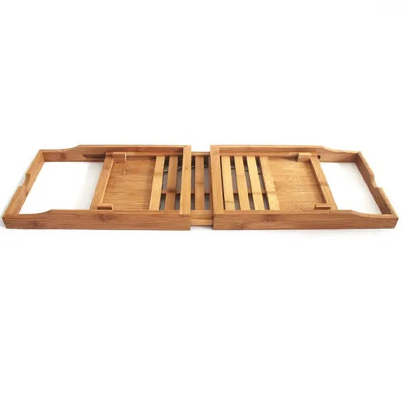 Natural bamboo bathtub frame with single tier desktop storage for bathroom organisation