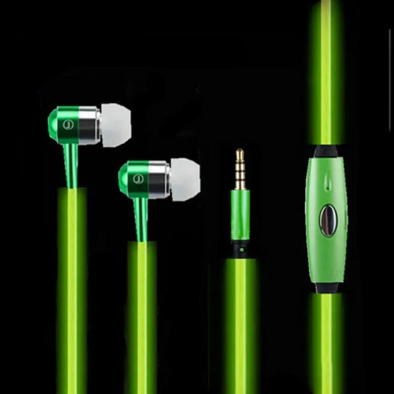 Compatible LED earphone with aluminum shell and music rhythm light in blue green or pink colors
