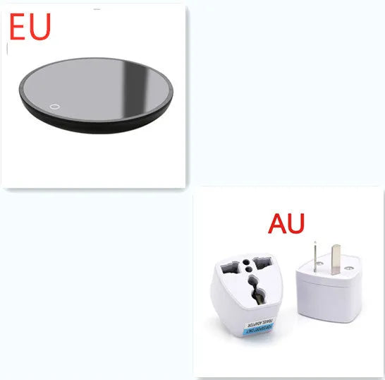 Black coffee mug warmer on a desk with low and high temperature switch