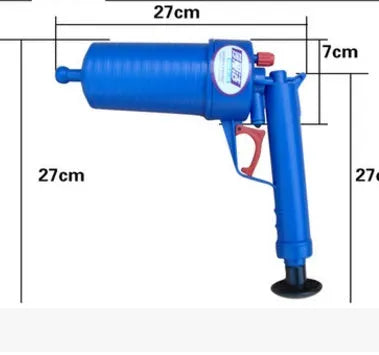 Plastic manual air pressure drain blaster gun with four different sized rubber adaptors for unblocking pipes.
