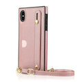Leather iPhone case with a wristband strap and card slot, shown in multiple colours.